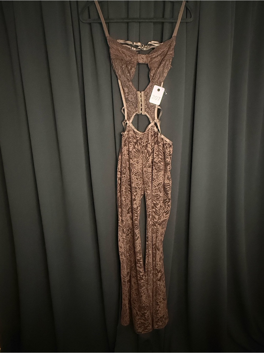 Brown Lace-Trim Cutout Jumpsuit